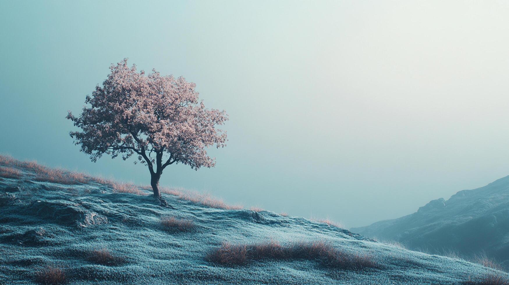 Solitary tree with pink blossoms atop a grassy hill, bathed in soft, muted light against a foggy backdrop. Serene natural beauty. photo