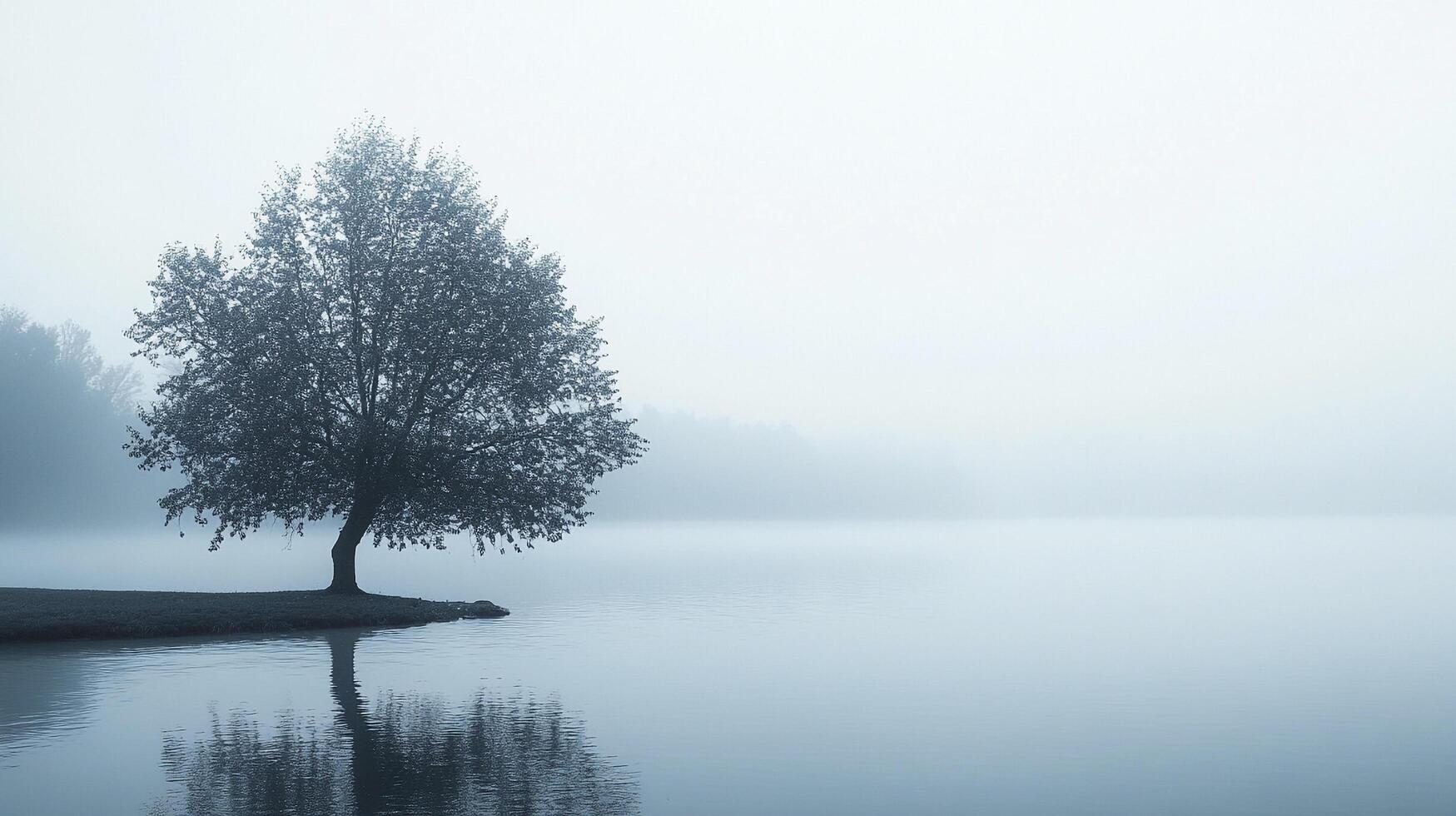 A solitary tree stands serenely on the water's edge, its reflection mirrored in the calm surface, shrouded in a thick, ethereal mist. photo