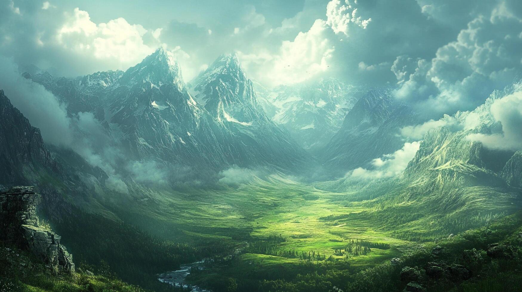 Majestic mountains pierce through a veil of mist, revealing a verdant valley below, a serene symphony of nature's grandeur. photo