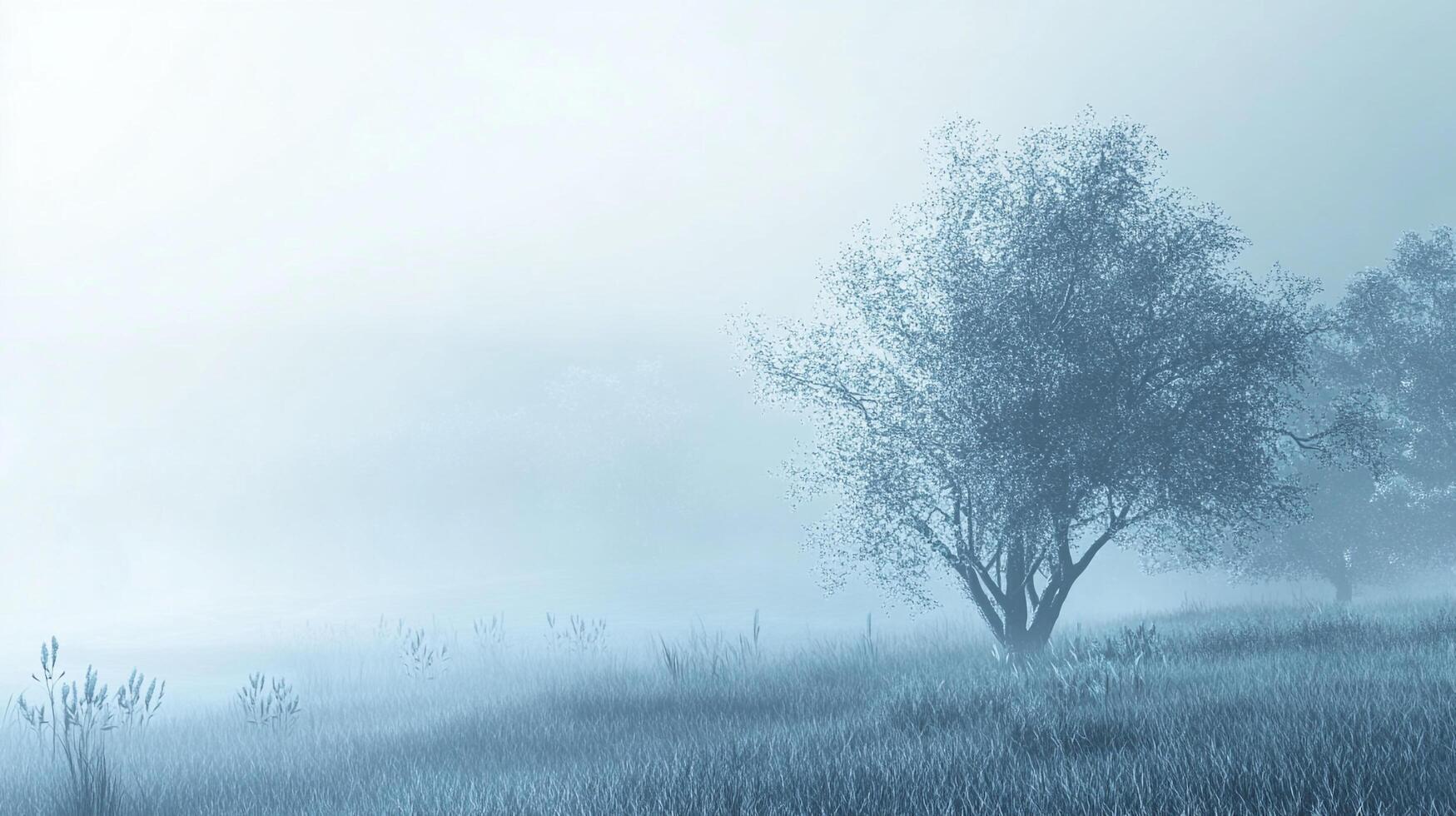 Misty trees stand in a field of grass on a foggy day, creating a serene and atmospheric scene. photo