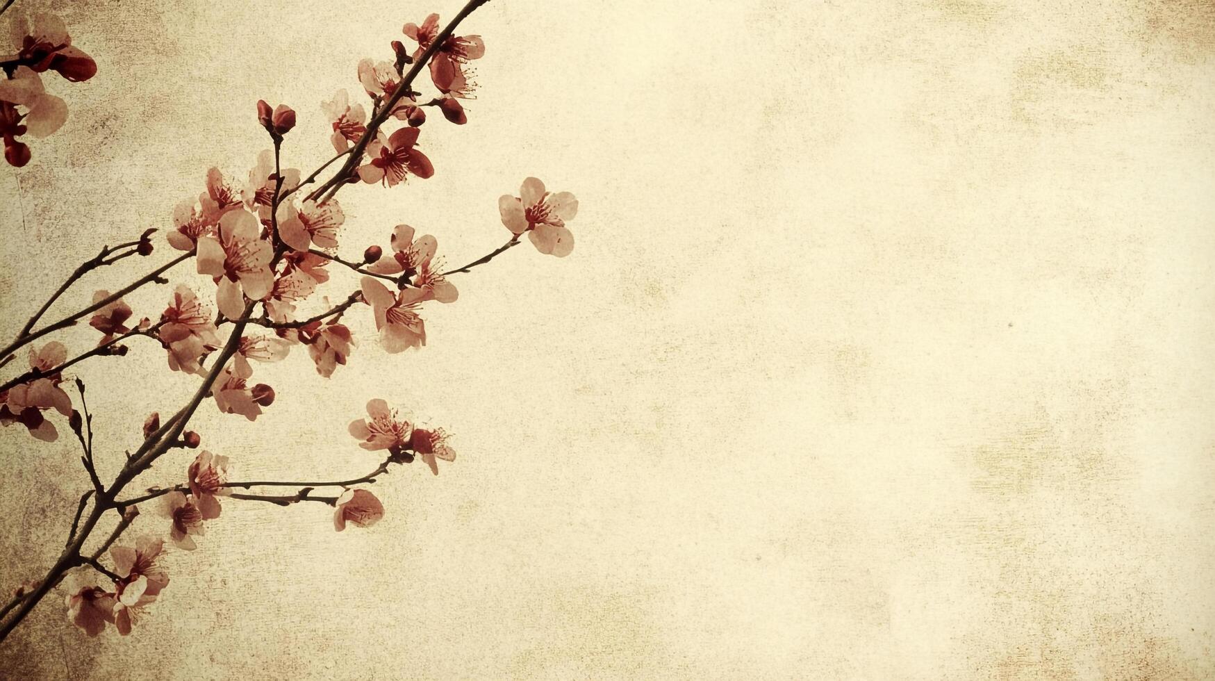 Vintage floral design featuring soft pink blossoms on delicate branches against a textured, neutral background. Ideal for romantic themes. photo