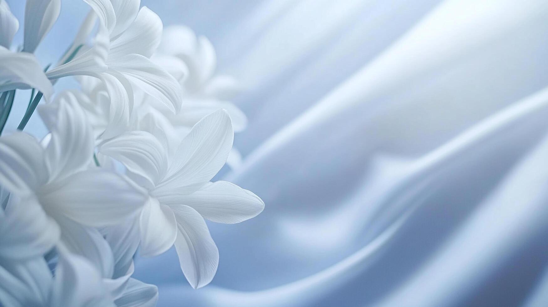 Elegant white blossoms set against a backdrop of flowing fabric, creating a serene and visually calming composition. photo