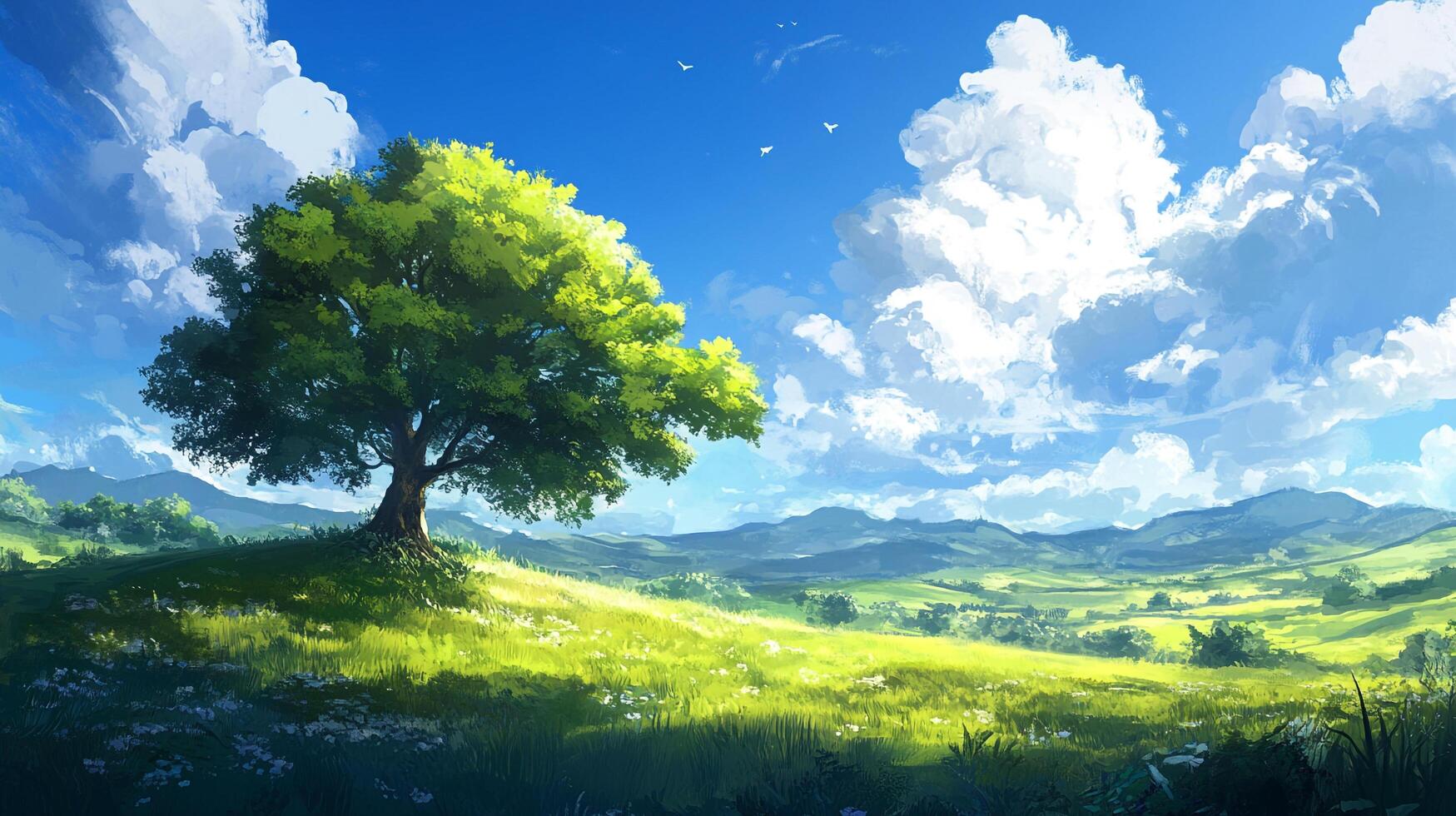 A serene landscape with a vibrant tree set against a bright blue sky dotted with fluffy clouds, evoking peace and tranquility. photo