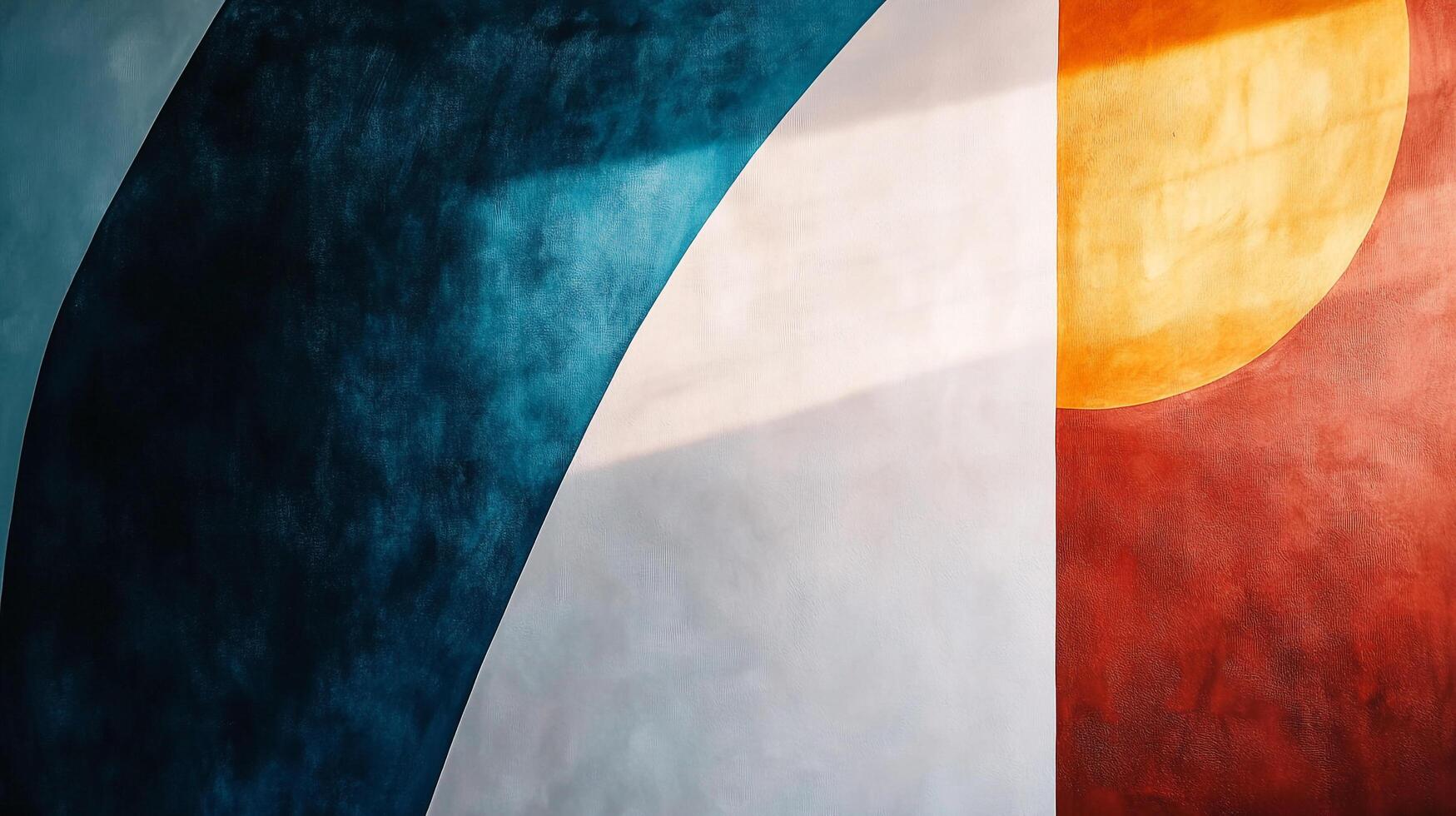Abstract mural with bold blue, white, and reddish-orange hues creating a geometric composition with modern wall art and graphic design elements. photo