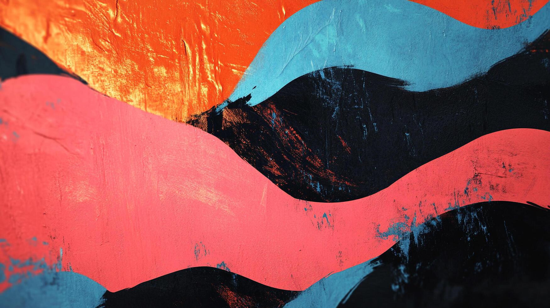 Abstract art with a textured surface, layered with bold strokes of orange, pink, black, and blue, creating a sense of depth and movement. photo