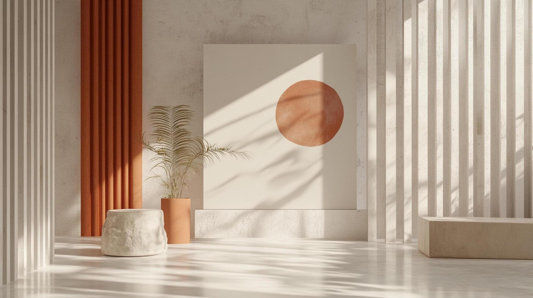 A minimalist room with geometric art, textures, and plants creates a serene and modern space with soft light casting shadows. photo