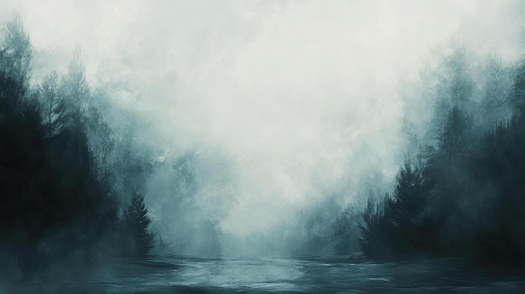 Mystical forest scene with towering trees shrouded in mist, creating an ethereal and atmospheric landscape with a serene body of water photo