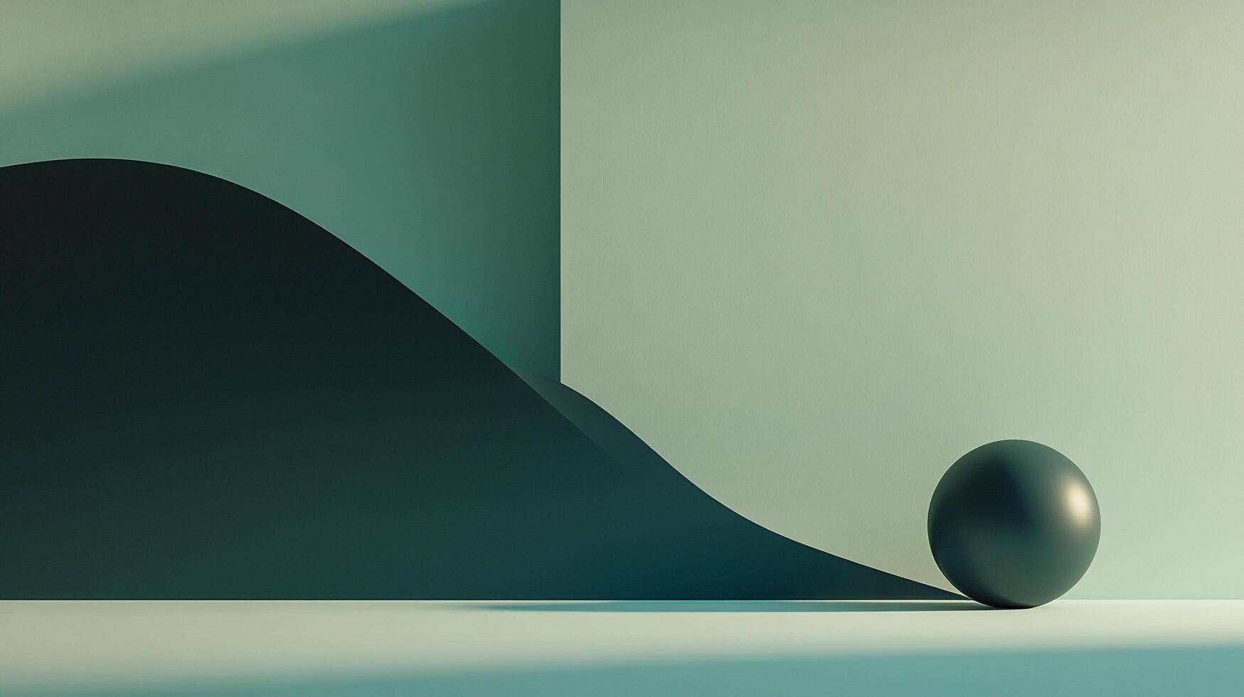 Abstract minimalist design with a sphere and a curved wall in soft lighting, creating a sense of space and serenity. Design, shadows. photo