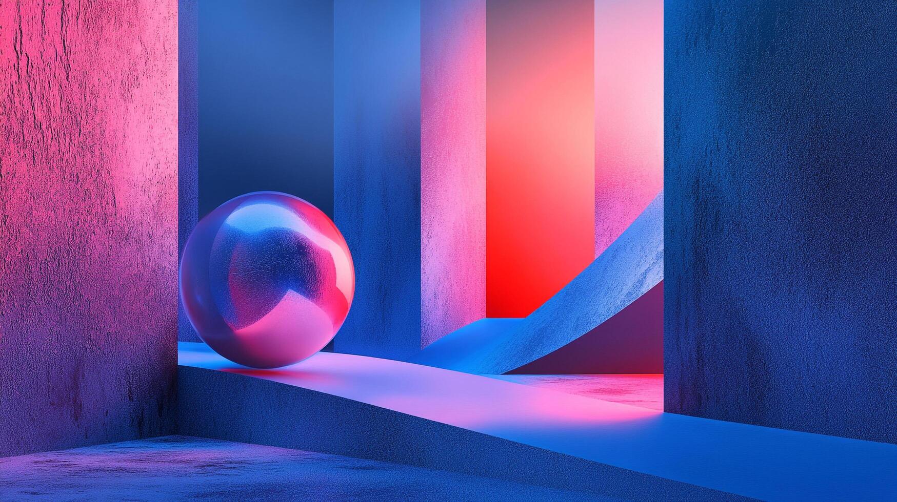 Surreal geometric composition with a sphere bathed in blue and red light. Abstract architectural design and color interplay. photo