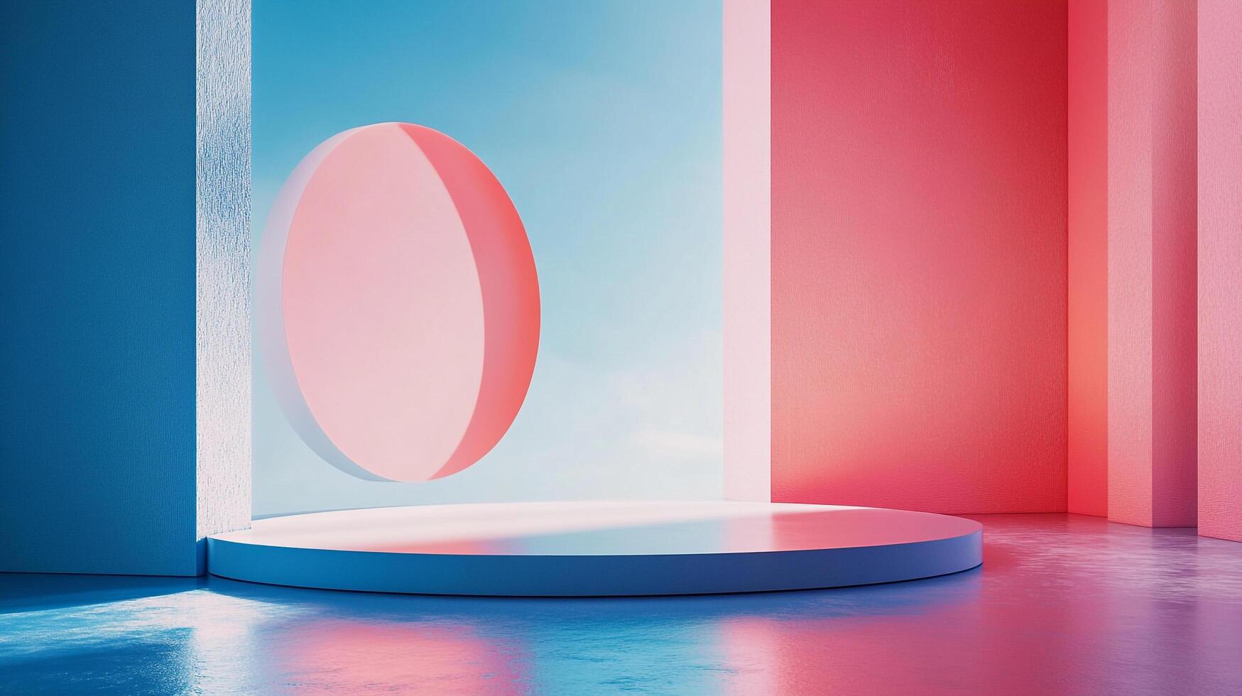 Minimalist abstract stage featuring a pink circle and a round platform in blue and pink, creating a simple and modern geometric design. photo