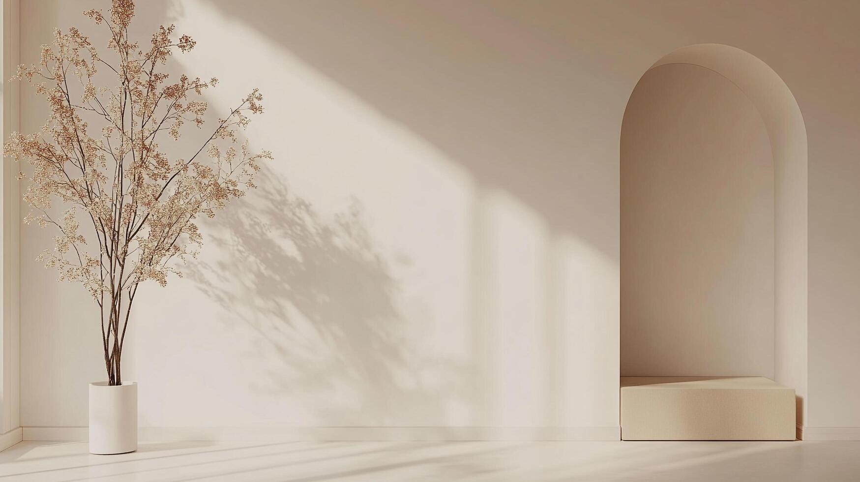Minimalist interior featuring a dried floral arrangement and an arched doorway bathed in sunlight, creating a serene and inviting space. photo