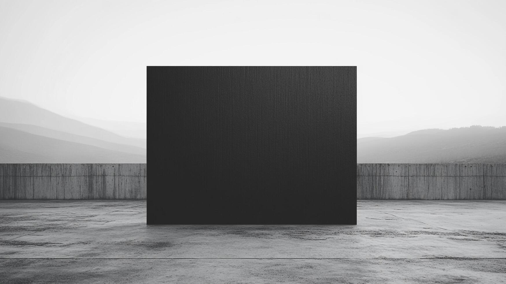 Monochromatic cube amidst a concrete landscape, minimalist form meets natural backdrop, stark yet serene, industrial vs. nature. photo