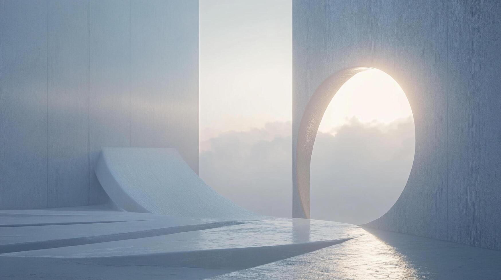 Abstract architectural space featuring a circular opening and minimalist design, bathed in soft light, evoking tranquility and serenity. photo