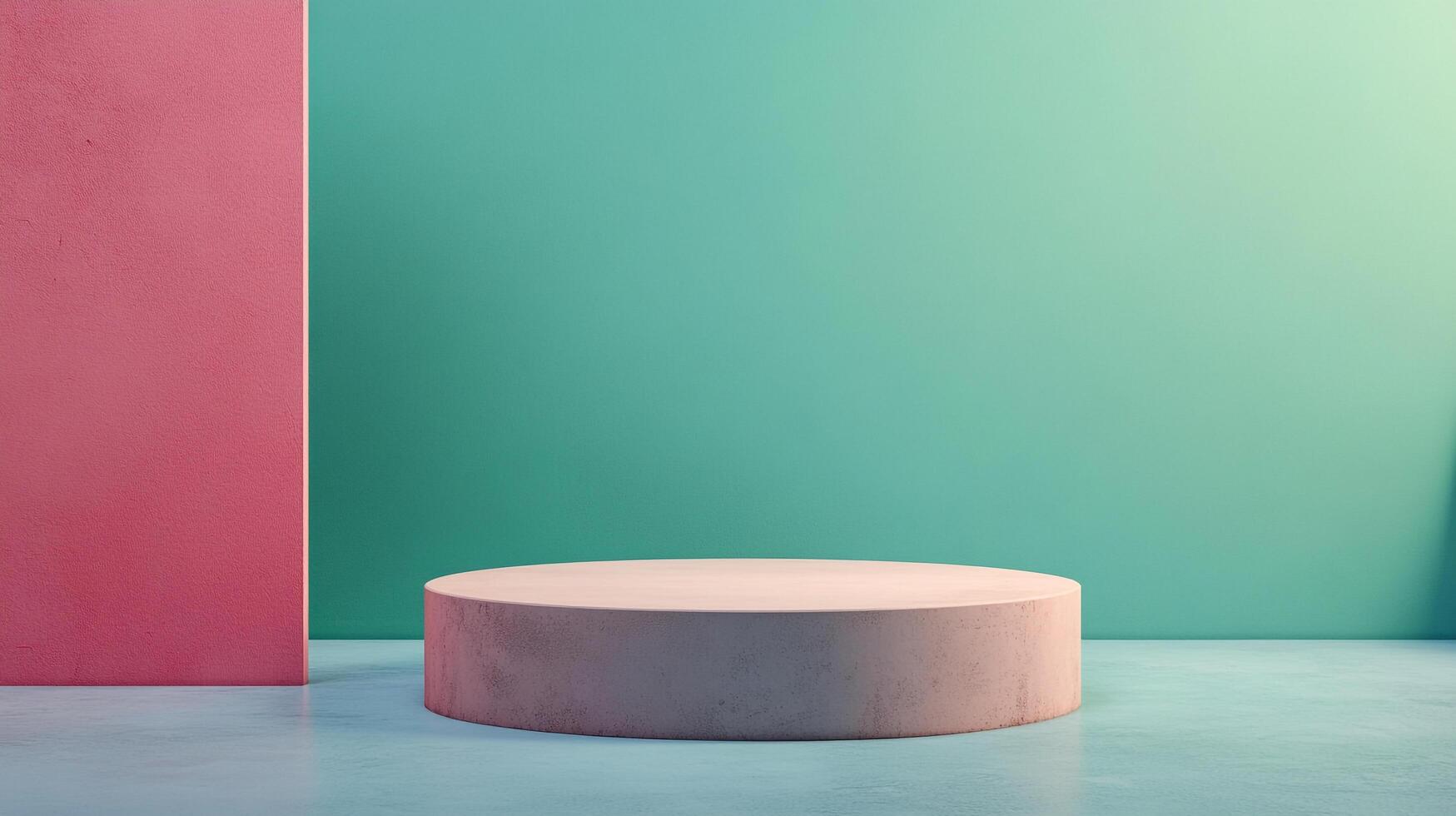 A minimalist product display featuring a round platform against a muted teal backdrop with a striking block of dark pink on the side. photo