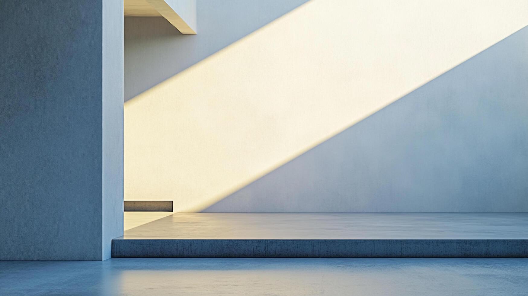 Minimalist interior showcases geometric shapes and a beam of light. Serene atmosphere with shadows. photo