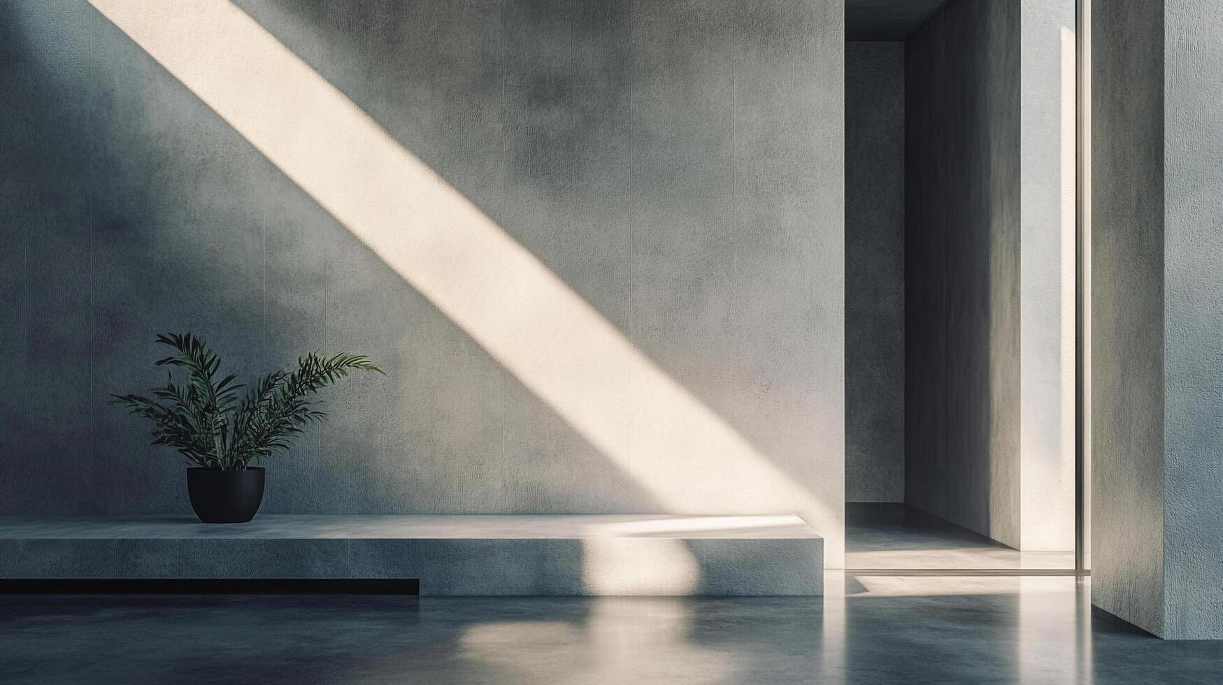 Minimalist interior with sunlight streaming across concrete walls, highlighting a potted plant on a platform. Space offers calming, serene atmosphere. photo