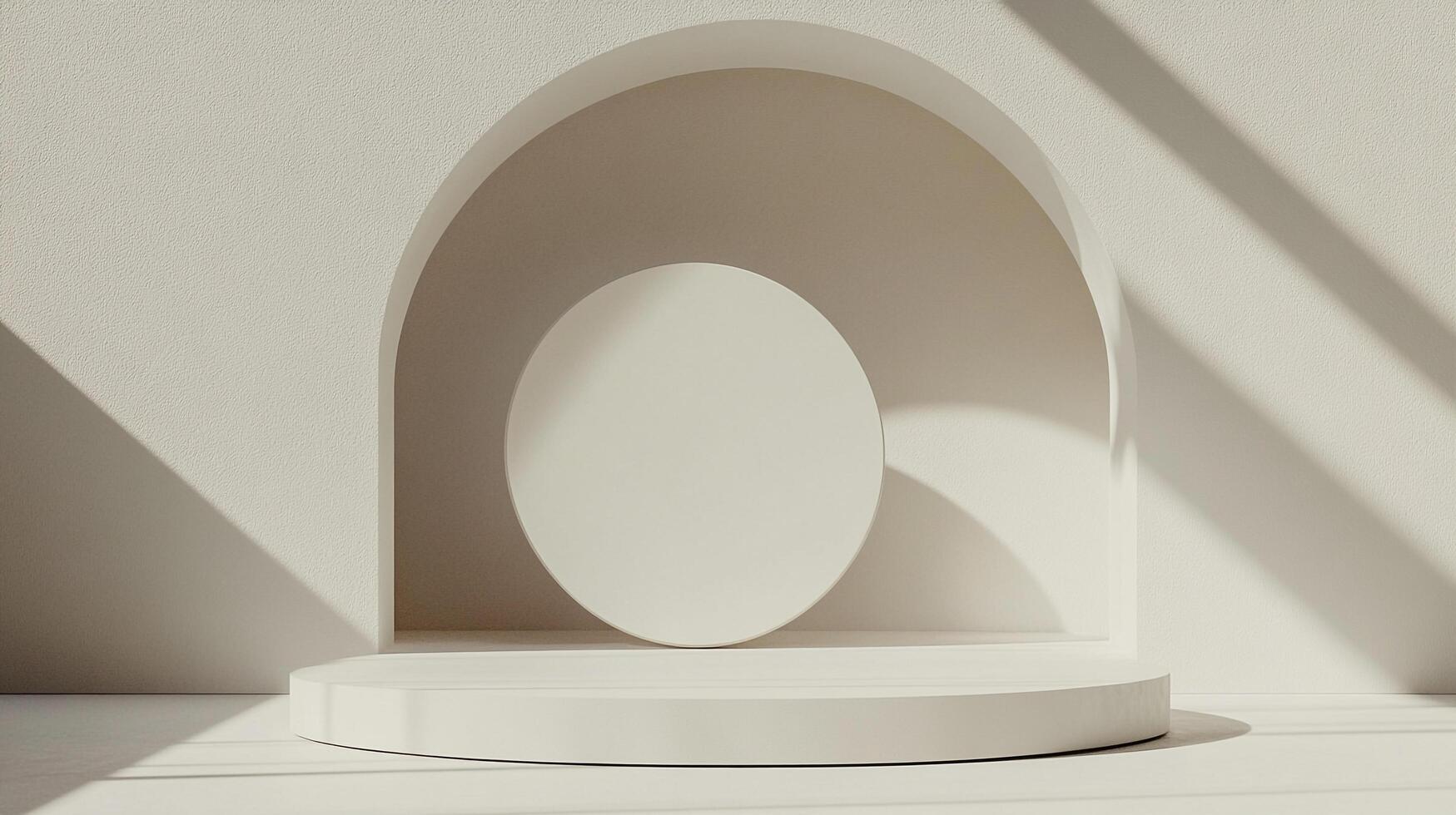 Minimalist display platform with an arched background and a simple circular element, bathed in soft sunlight casting shadows. photo