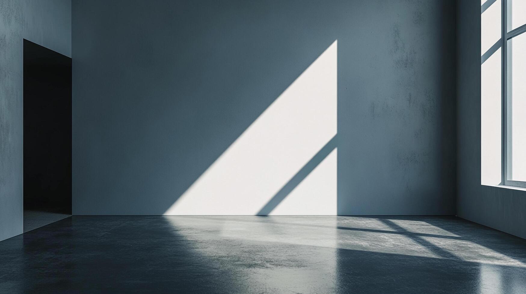 Sunlight streams through a window, casting angular shadows on a grey wall and floor in an otherwise empty room, creating a minimalist aesthetic. photo