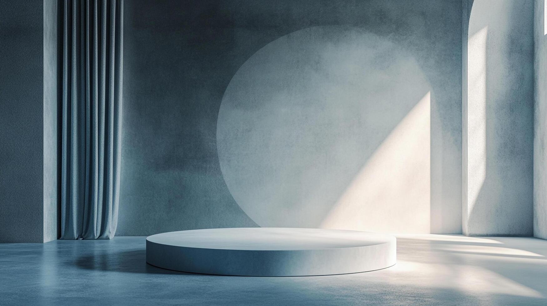 Minimalist interior with a circular platform bathed in sunlight, casting shadows in a calming, modern space. Serene showcase scene. photo