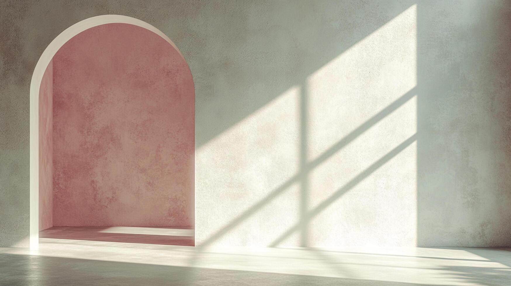 Minimalist interior with arched doorway and stark shadows creating a calming and inviting atmosphere. Design with an artistic expression. photo