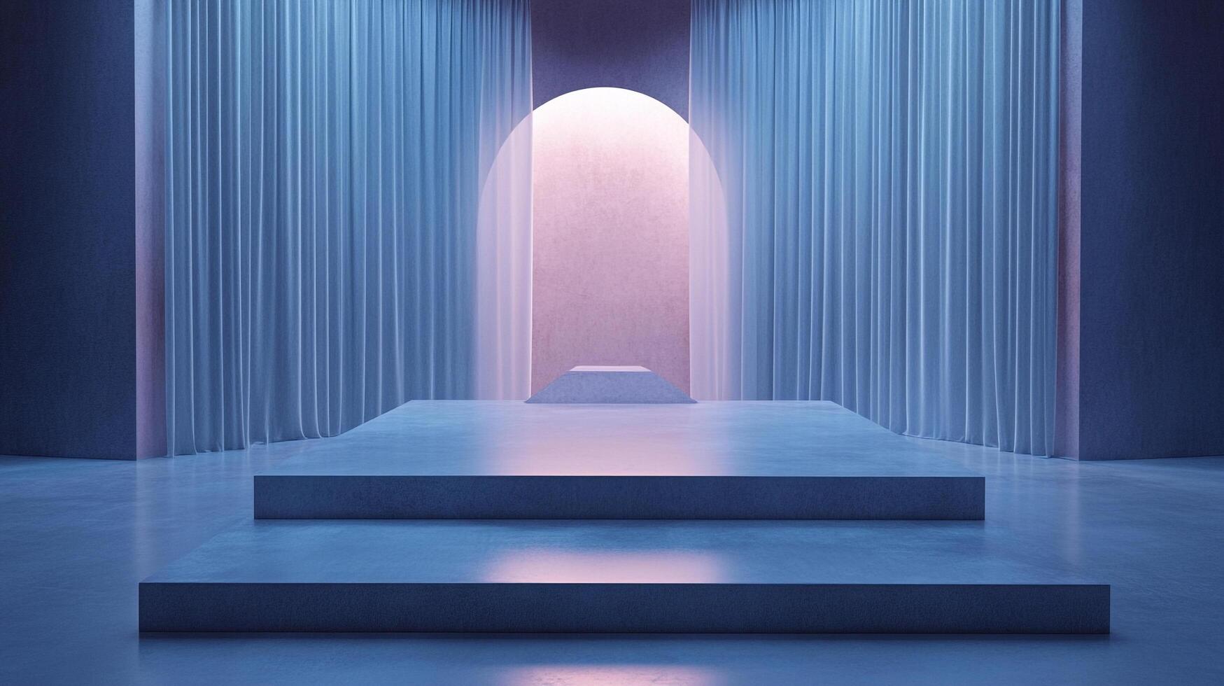 A softly lit stage with draped curtains creating a minimalist and modern aesthetic, bathed in tranquil blues and soft pinks. photo