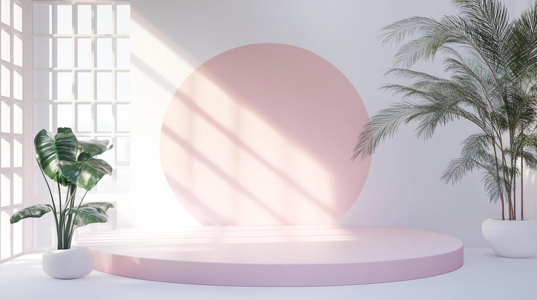 Minimalist presentation platform in soft pink tones against a white wall, complemented by indoor plants and natural light for serene backdrop. photo