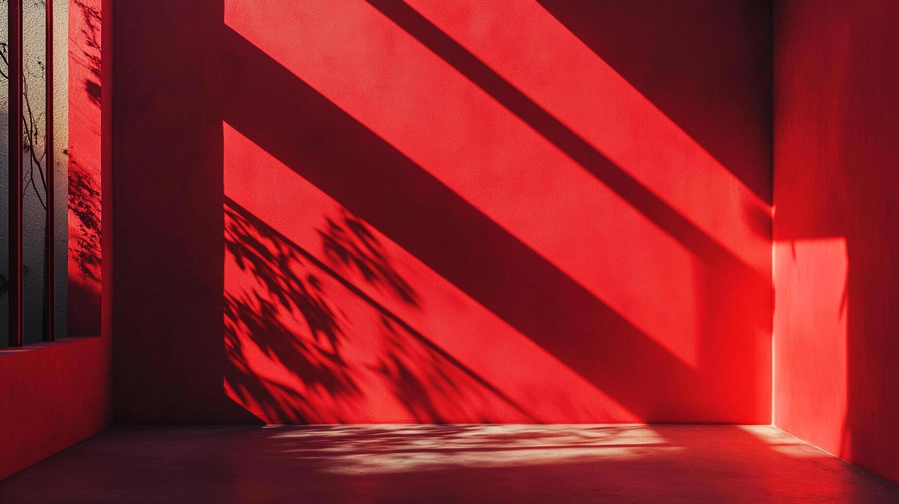 Intense red wall bathed in sunlight creating bold shadows. The composition evokes modern, minimalist design and striking visual. photo
