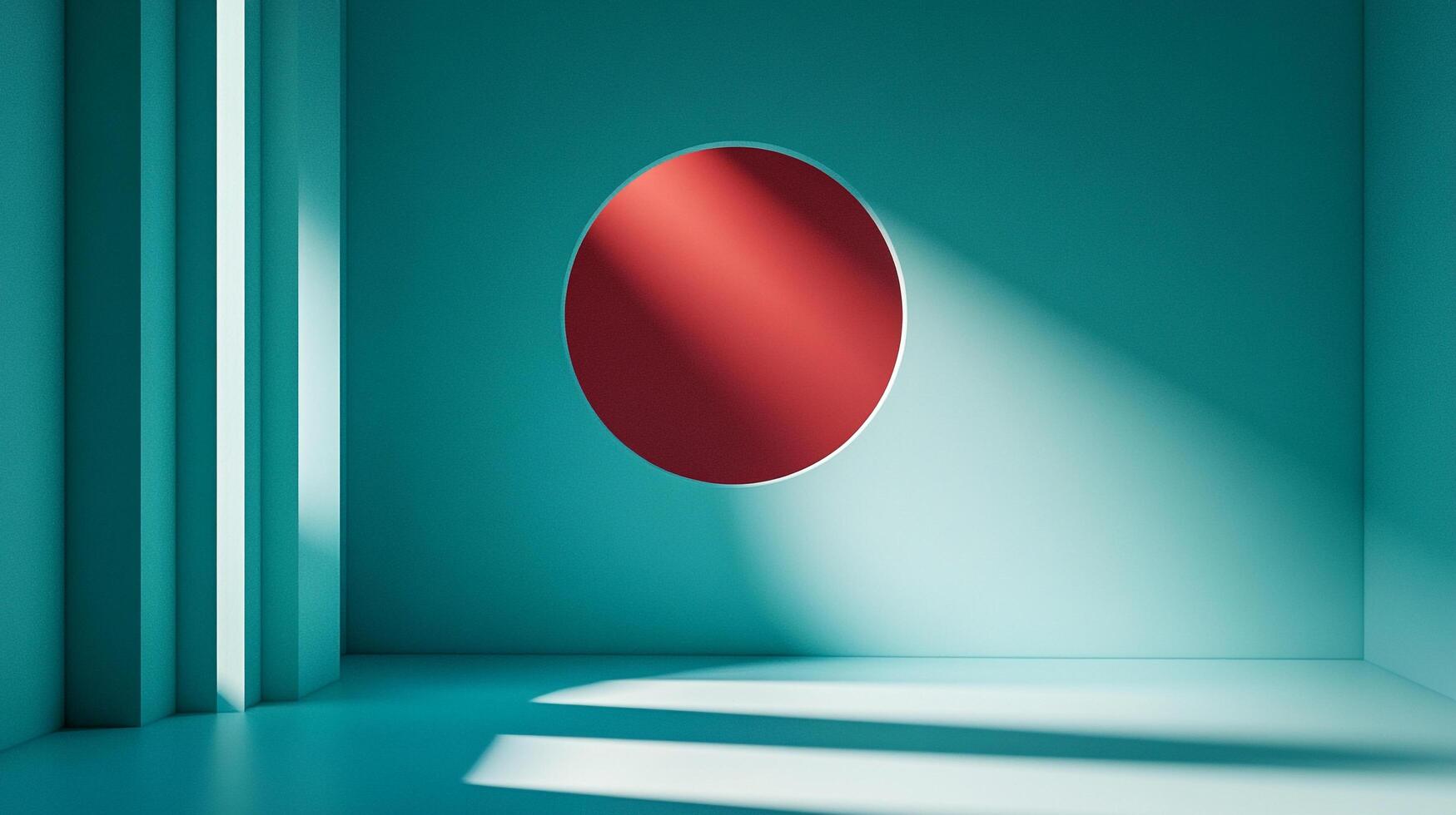 A teal room features a vibrant red circle on the wall, beautifully illuminated by natural light, creating a striking, minimalist scene. photo