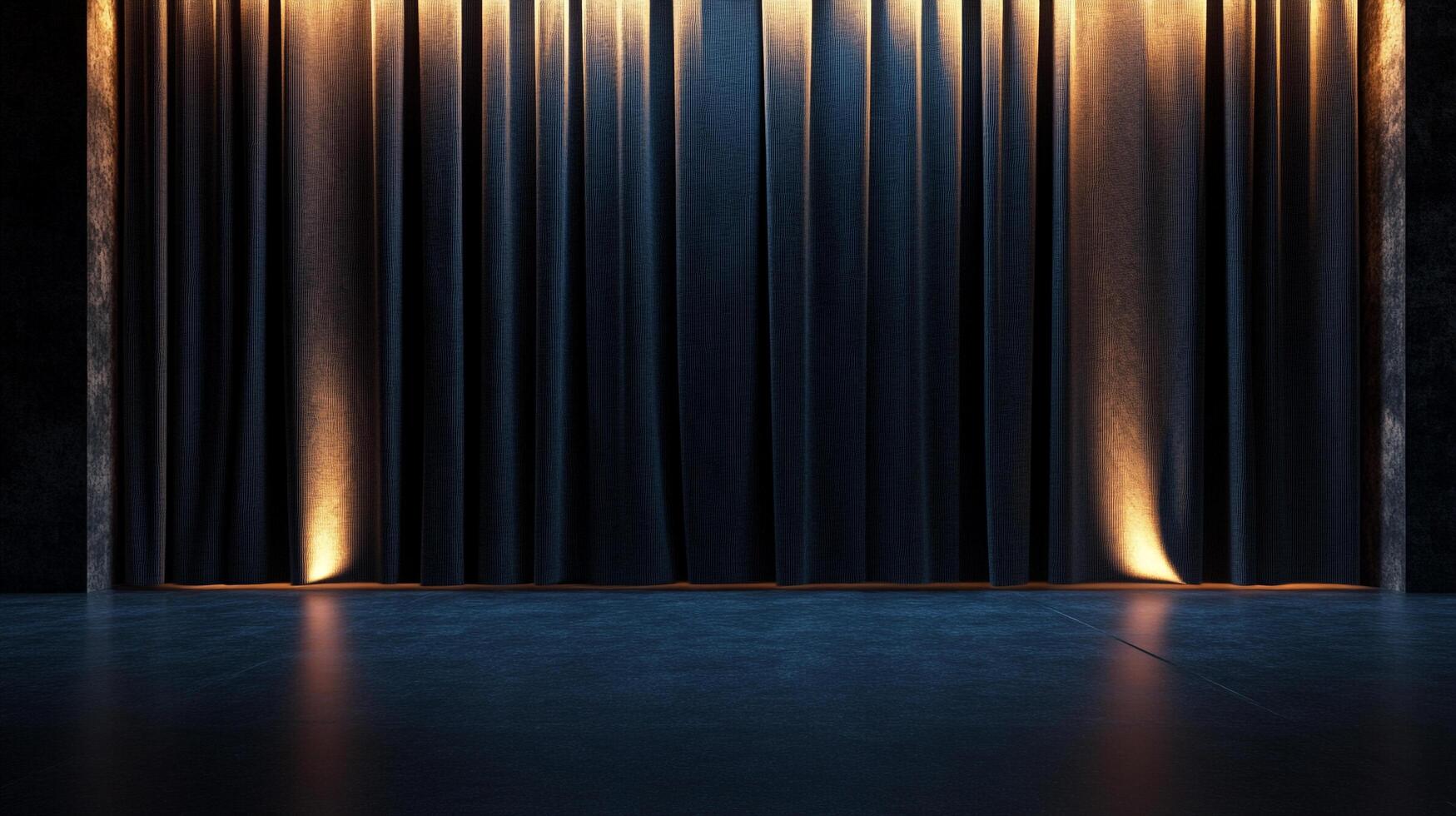 Moody stage with dark curtains illuminated by warm spotlights, creating a dramatic and theatrical atmosphere. Ready for a performance. photo
