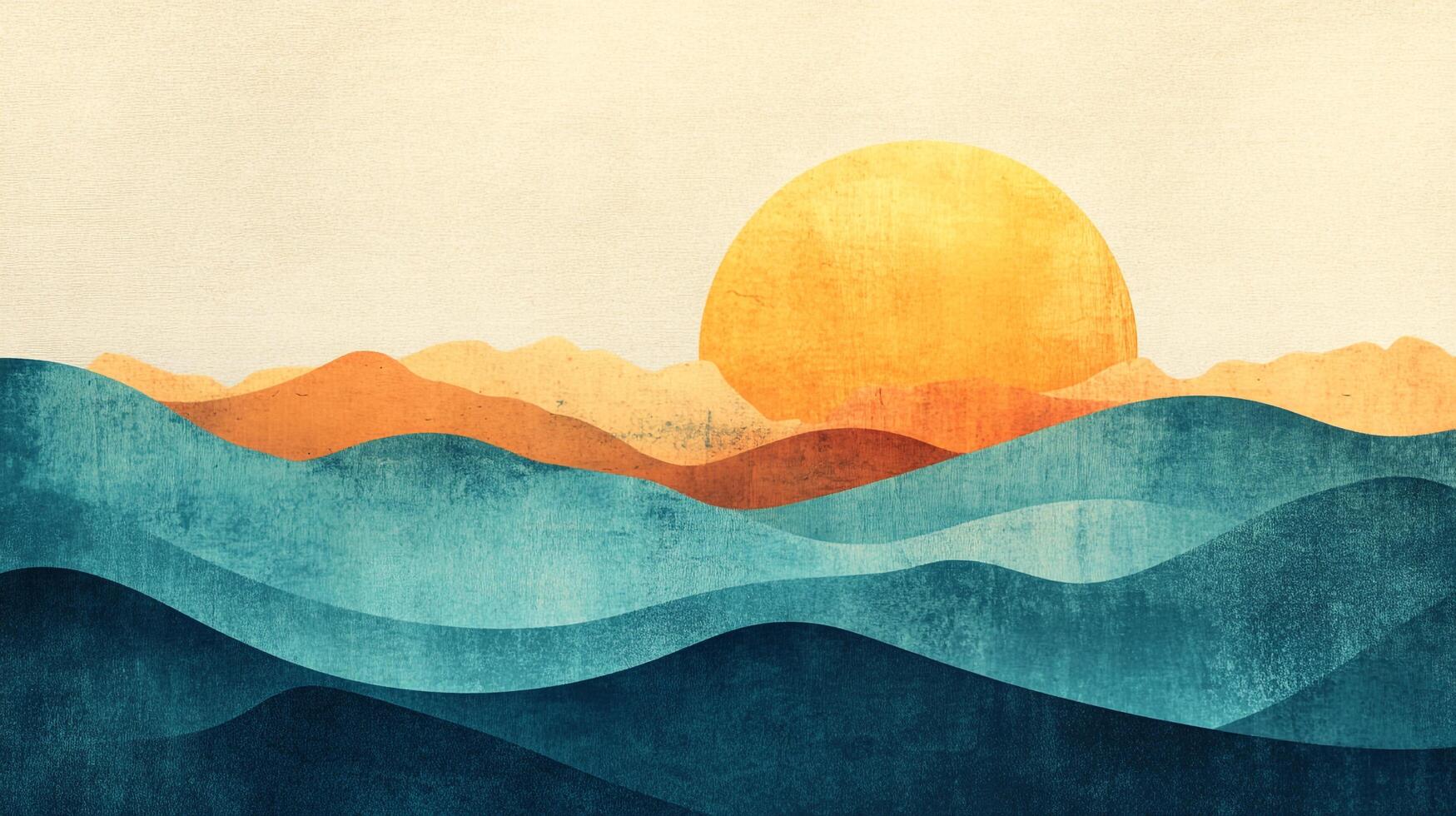 Abstract artistic display of ocean waves against mountains and sun in a warm retro palette with a textured finish. photo