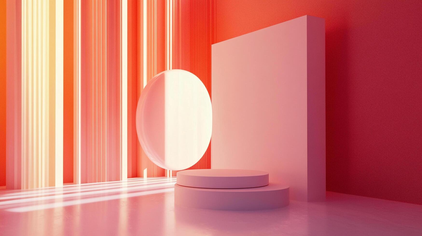 Abstract scene with a round platform and rectangular block bathed in light, featuring vertical striped background. Bold presentation. photo