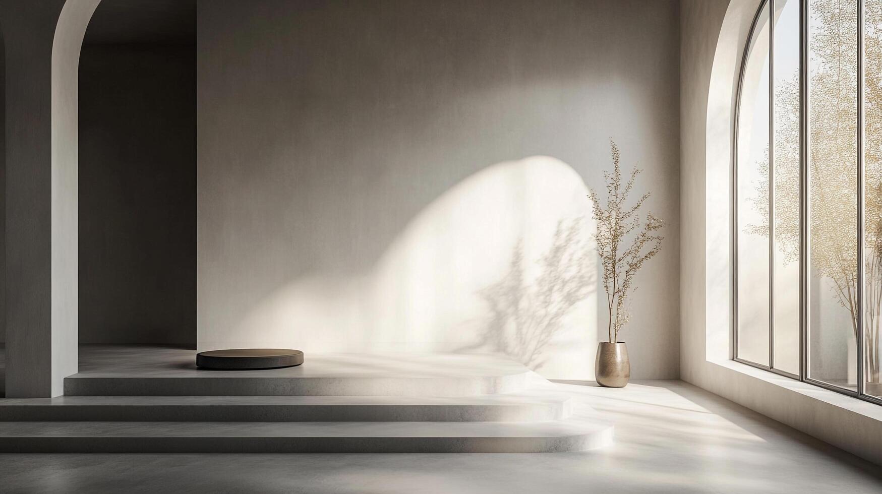 Minimalist interior with soft lighting, clean lines, and natural elements for a serene, modern aesthetic and sophisticated space. photo