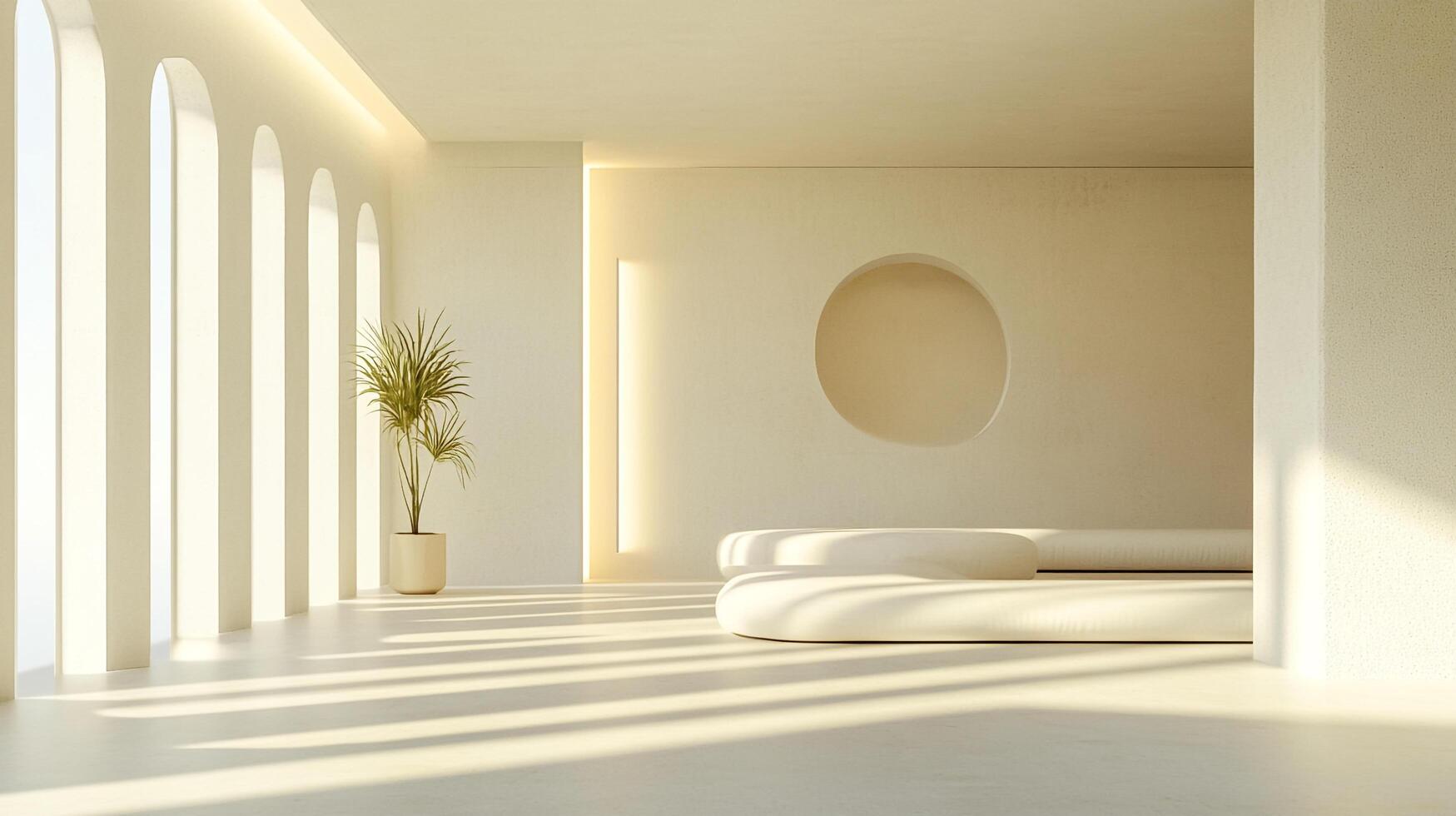 A serene room with warm light cascading through arched windows, illuminating a minimalist lounge area, creating a tranquil, inviting ambiance. photo