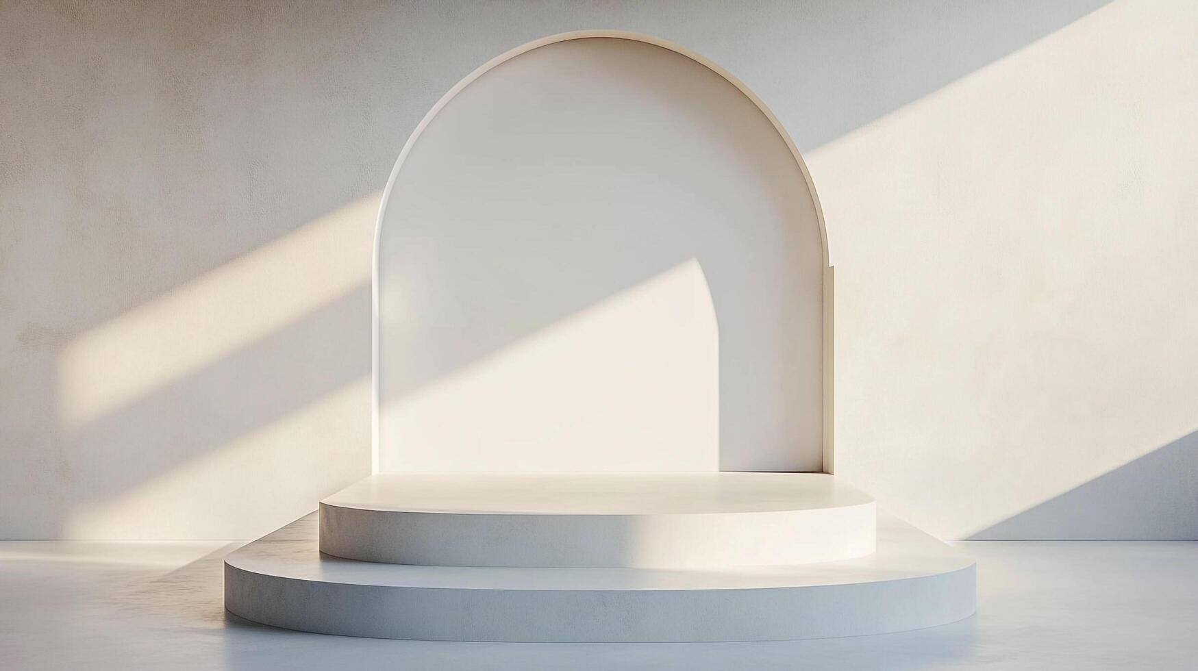 Minimalist showcase with curved backdrop and platform bathed in sunlight, ideal for highlighting a single object with simple elegance. photo