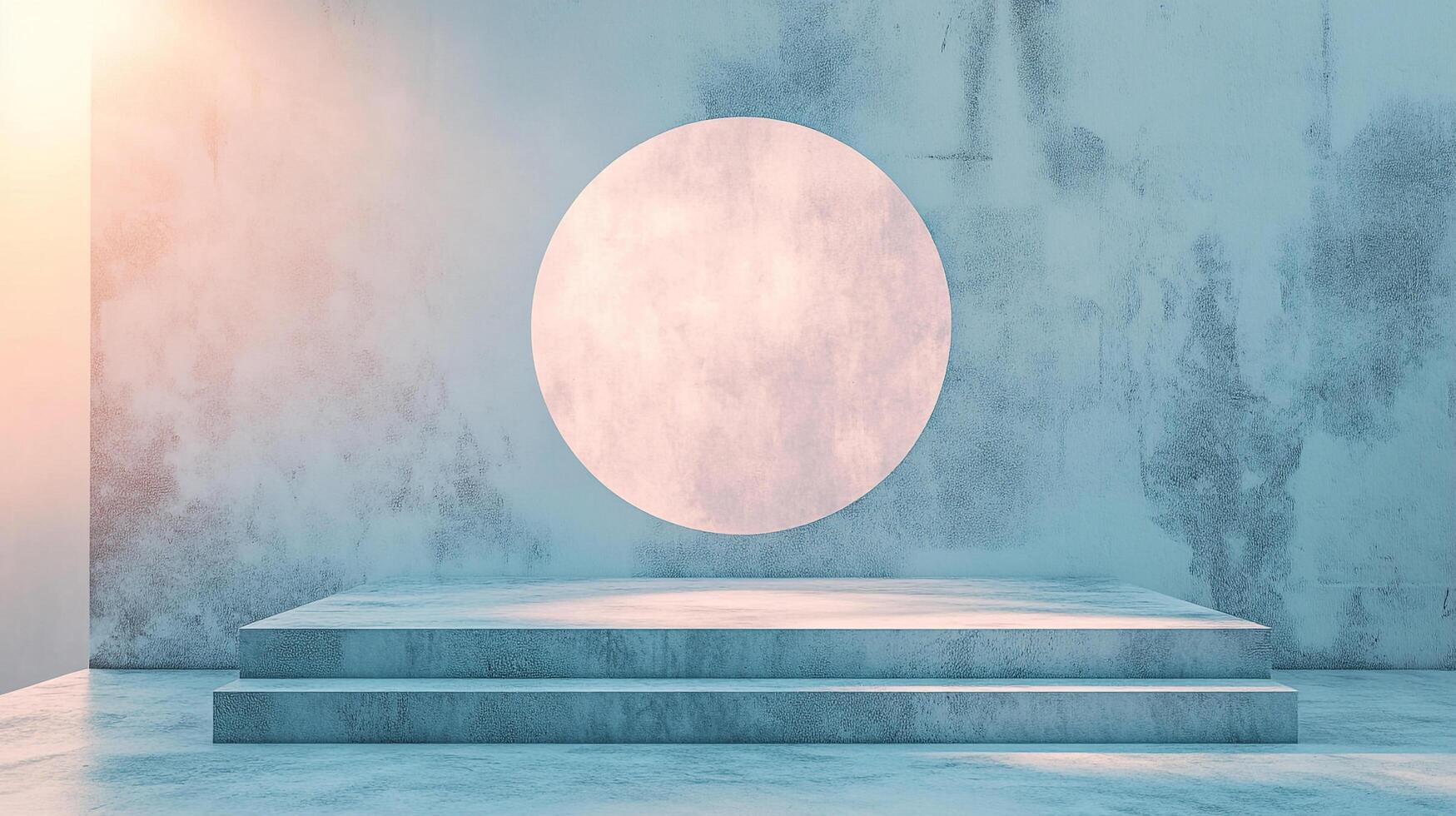 Minimalist concrete platform against a textured wall with a floating circle element, bathed in soft, diffused light. Serene scene. photo