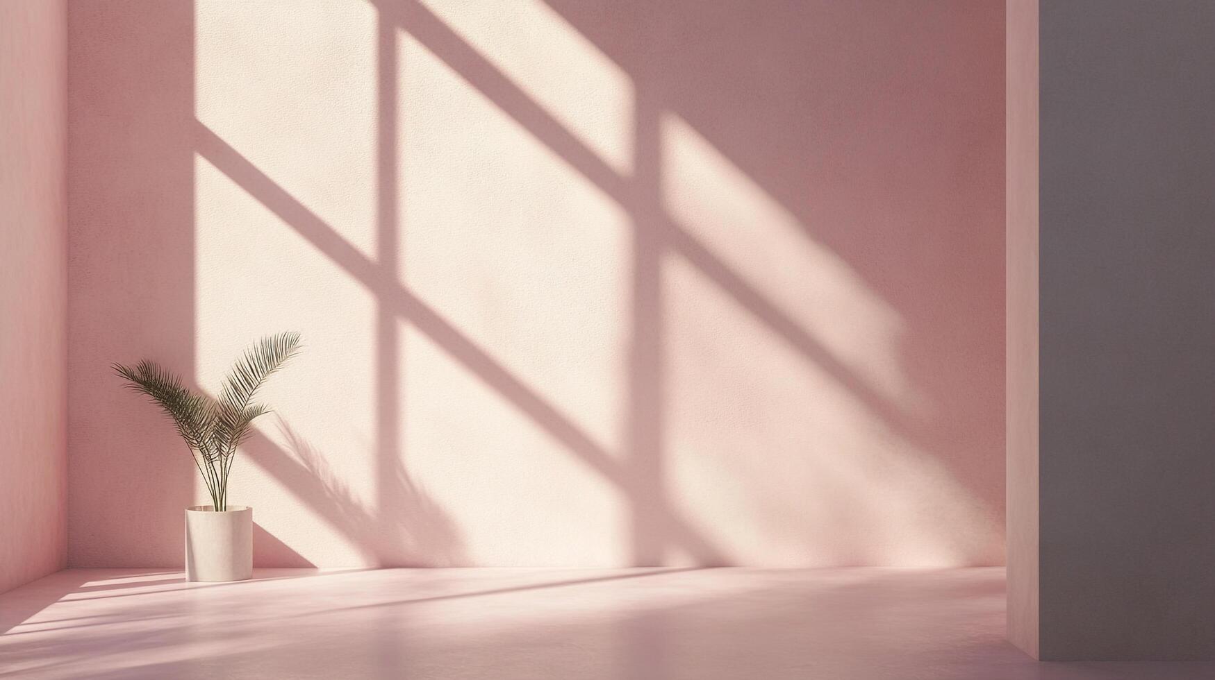 Minimalist interior featuring a soft pink color scheme, dramatic window shadows, and a potted palm, creating a serene atmosphere. photo