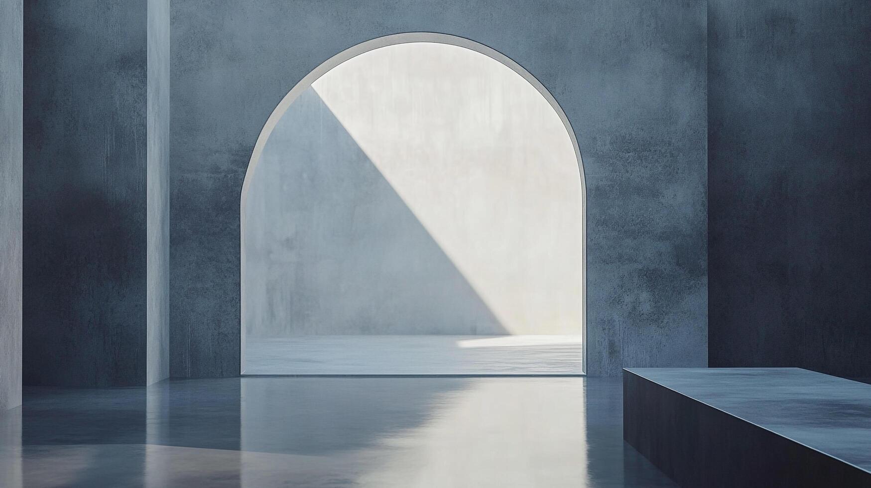 An empty room featuring an archway with sunlight coming in. Modern, minimalist interior design with clean lines and concrete walls. photo