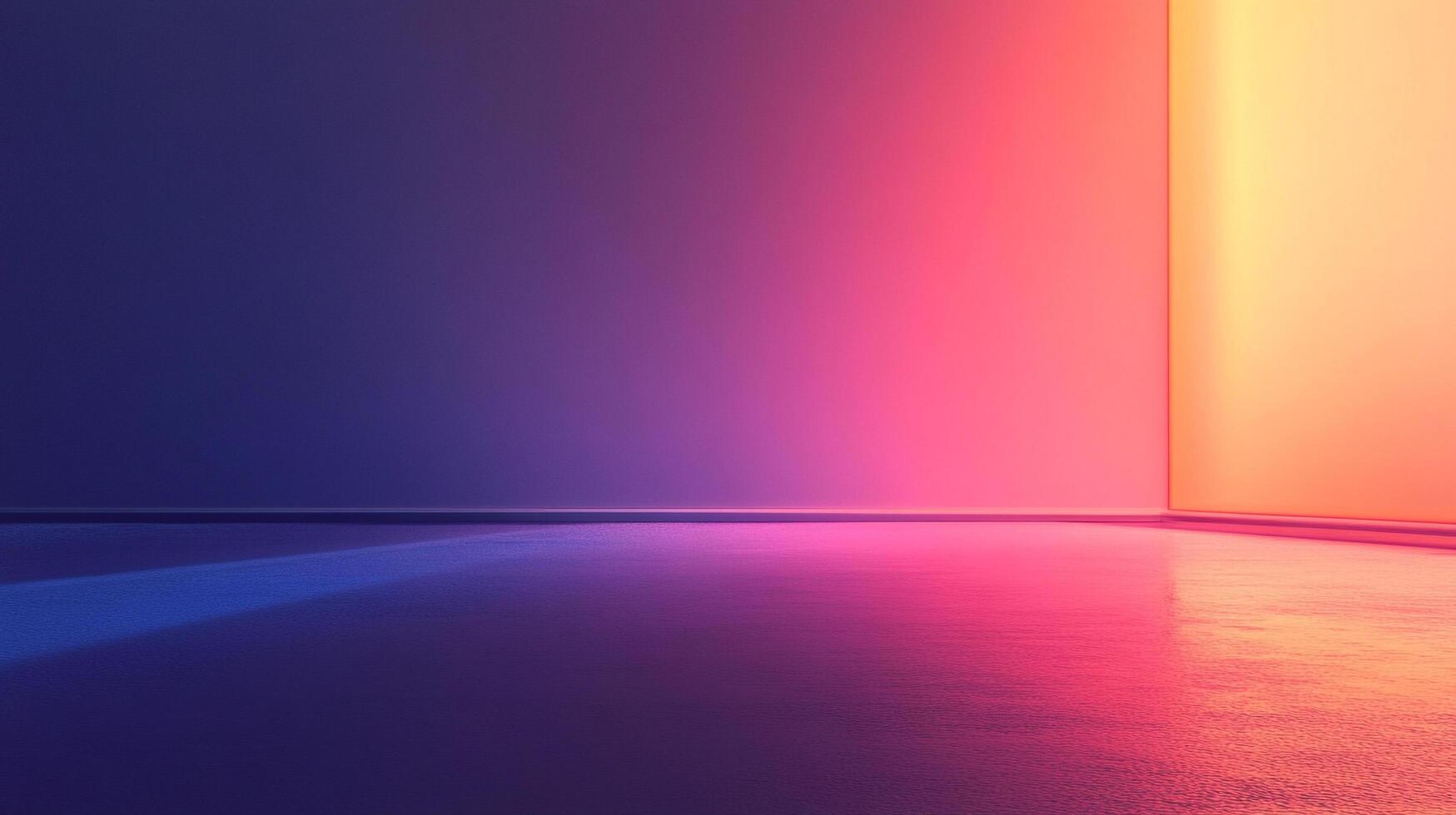 Gradient light studio background features a transition of deep blue to vibrant pink and warm yellow, casting vibrant reflections below. photo