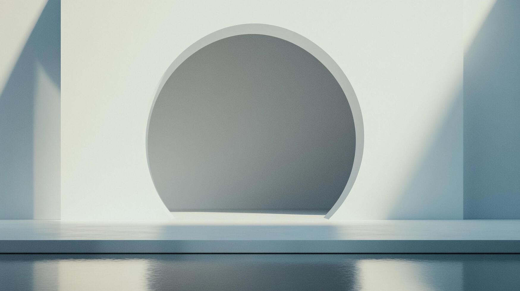 Minimalist architectural design featuring a circular opening against a stark white backdrop, accentuated by light and shadow interplay. photo