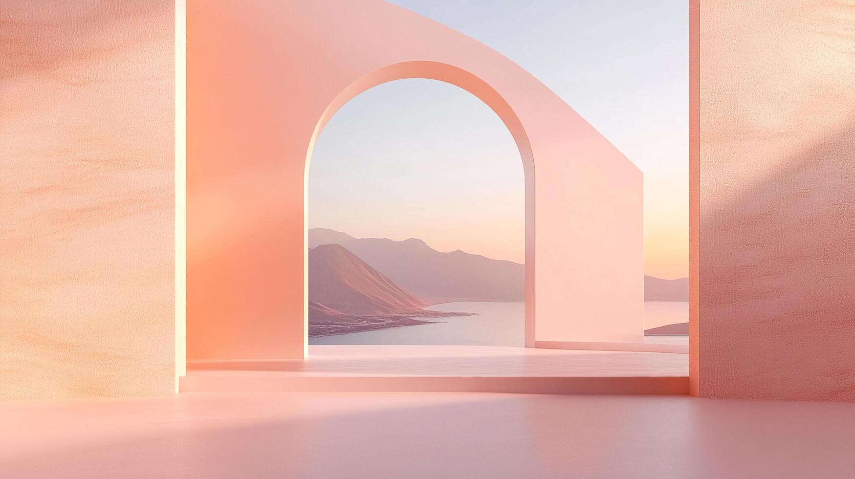 Minimalist archway framing a scenic landscape, bathed in soft pastel light, offering a serene and abstract architectural view. photo