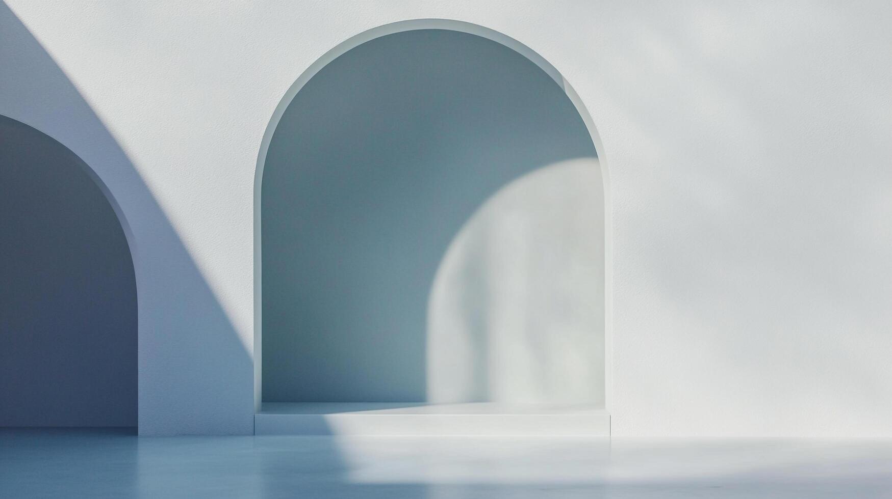 Minimalist architectural shot featuring arches and clean lines, bathed in sunlight creating shadows, perfect for design or abstract photography. photo