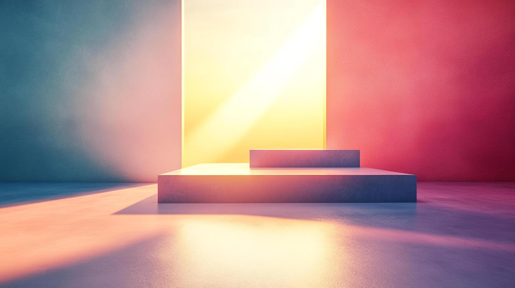 Illuminated minimal backdrop with stage-like platform, abstract setting, and pastel hues creating visual intrigue and modern aesthetic. photo