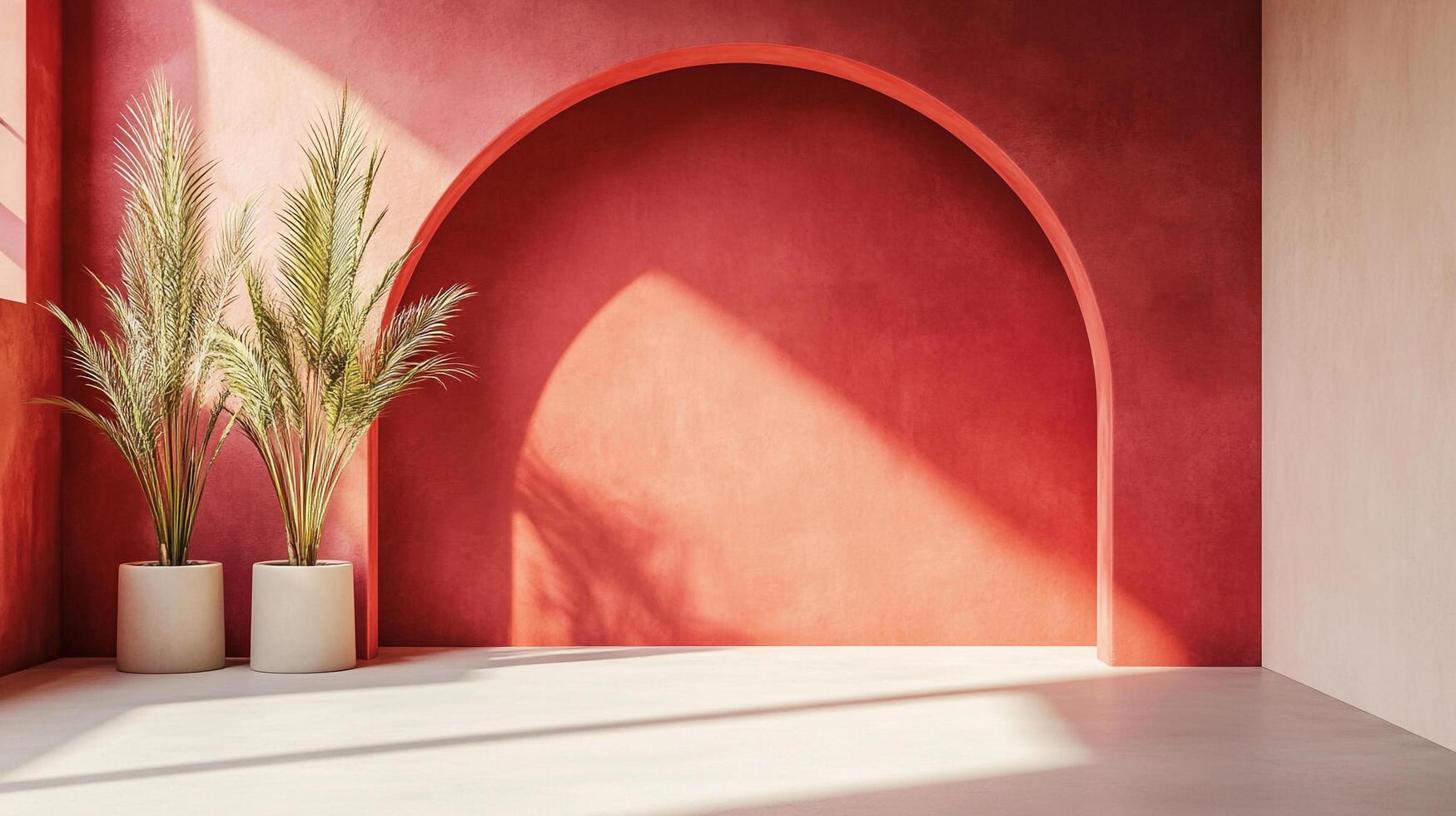 Modern minimalist interior with archway, plants, and sunlight casting shadows. A serene space with natural elements. photo