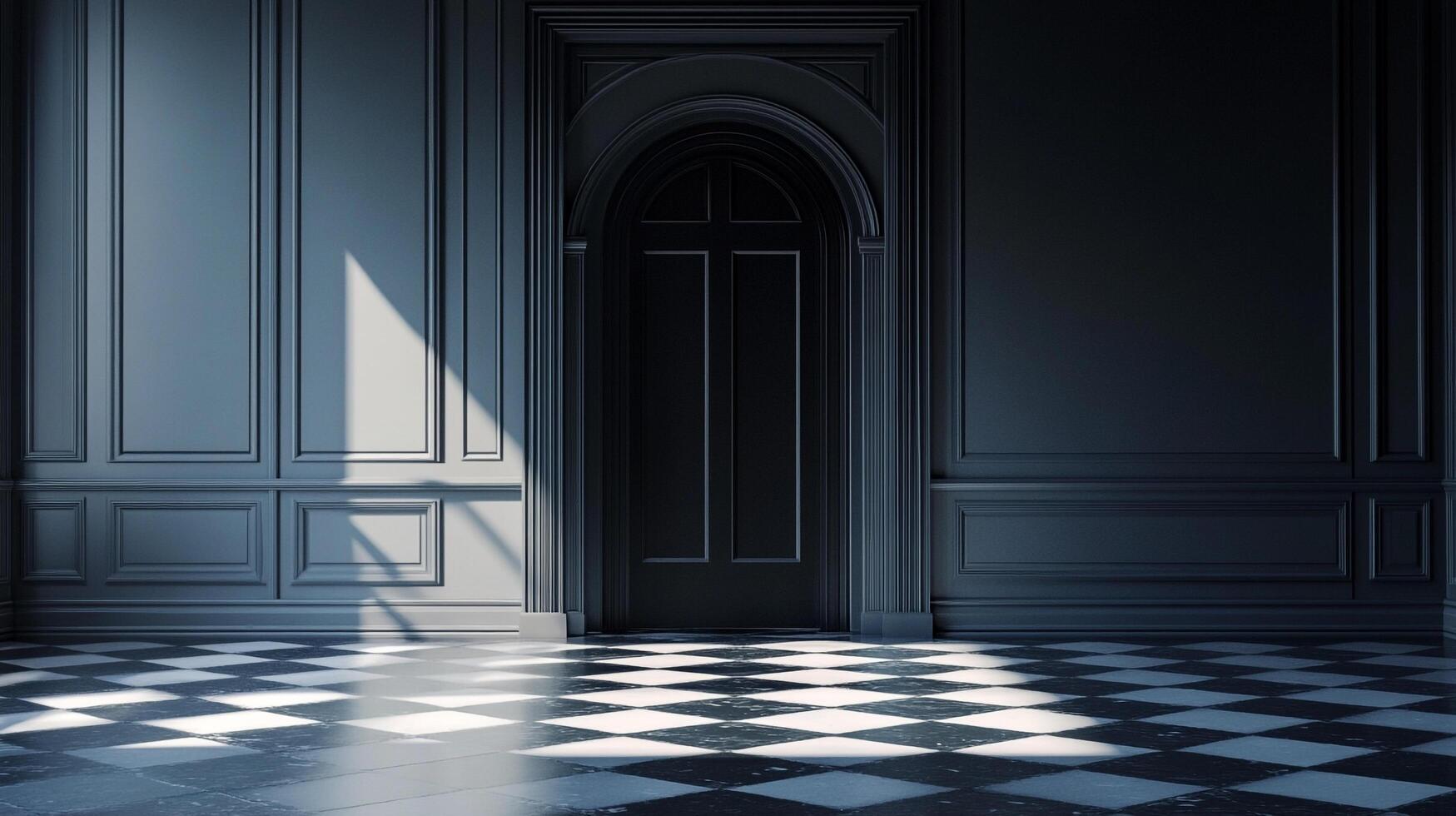 Monochromatic room with a checkerboard floor and paneled walls leading to a dark doorway. The room is highlighted by natural light. photo