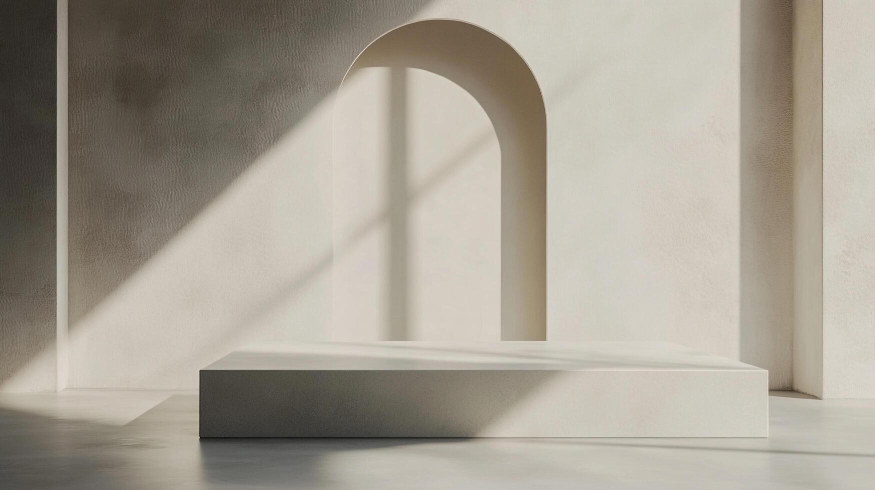 Minimalist architectural scene featuring neutral tones, geometric shapes, an arched window, and strong lighting casting dramatic shadows. photo