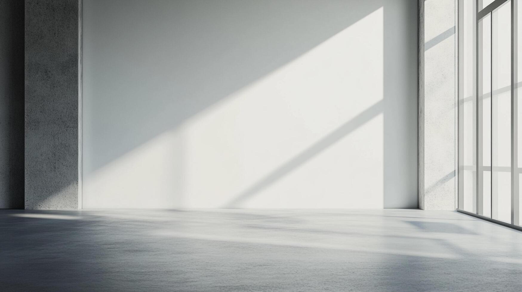Minimalist interior bathed in sunlight, showcasing modern design with clean lines and subtle shadows across the expansive space photo
