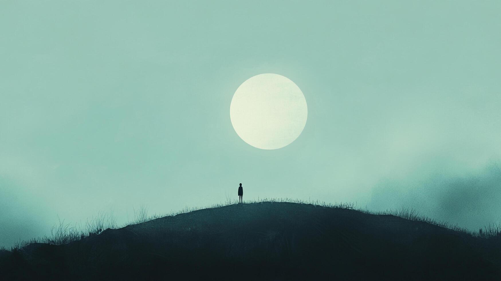Solitude on a hill, a distant figure stands beneath a luminous sky, evoking contemplation and the vastness of space and inner reflection. photo