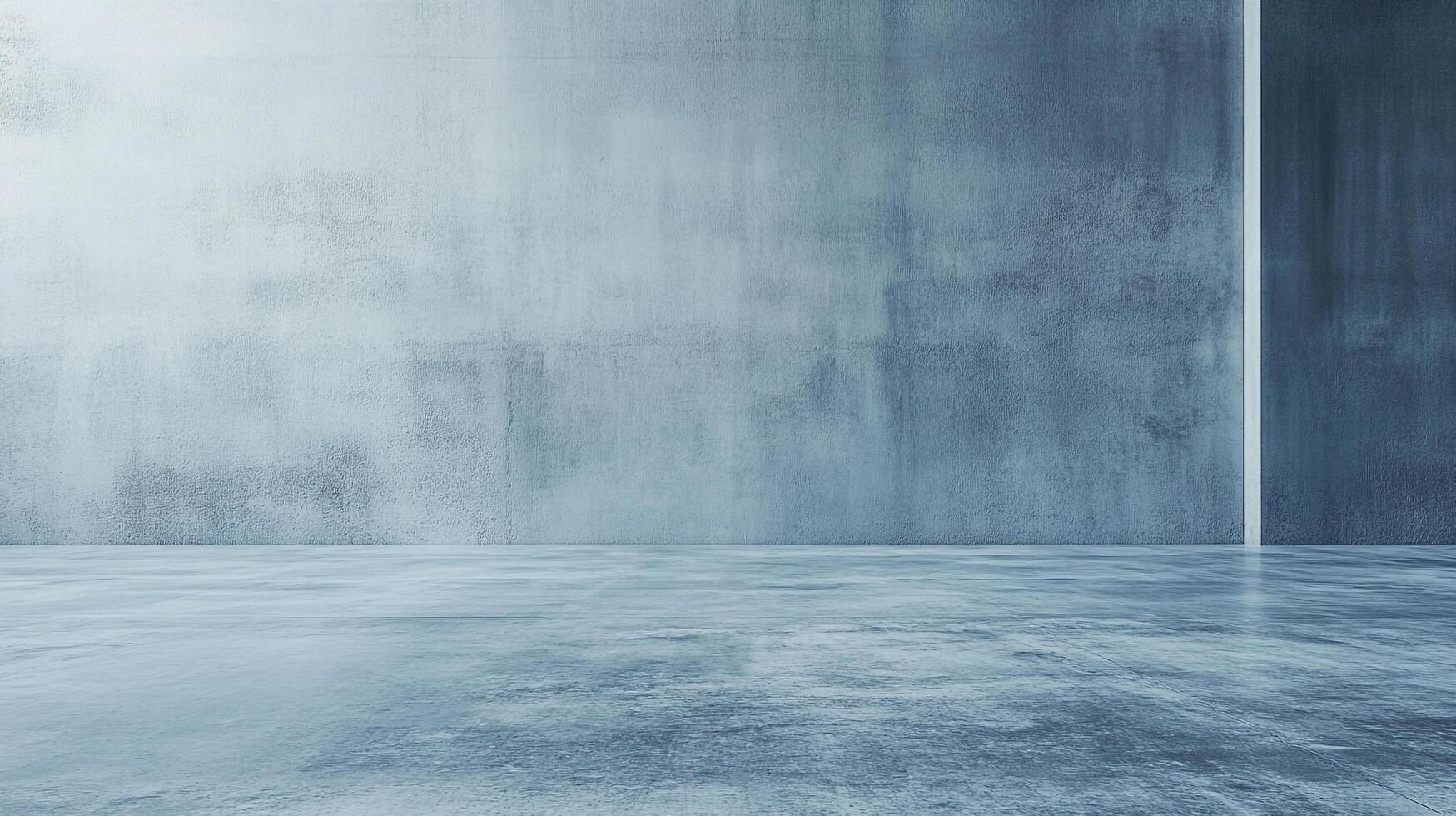 Monochromatic room with walls and floors in shades of blue, creating a minimalist aesthetic. The walls show a rough, textured finish. photo