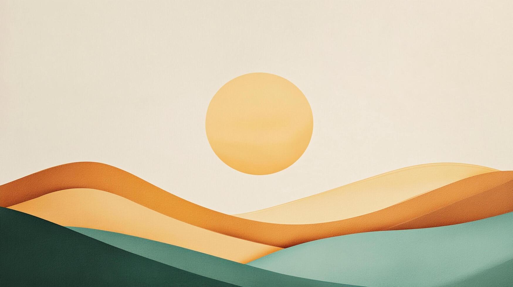 Layered landscape with rolling hills, minimalist color palette, and sun. Invokes feelings of tranquility, openness, and the beauty of simplicity. photo