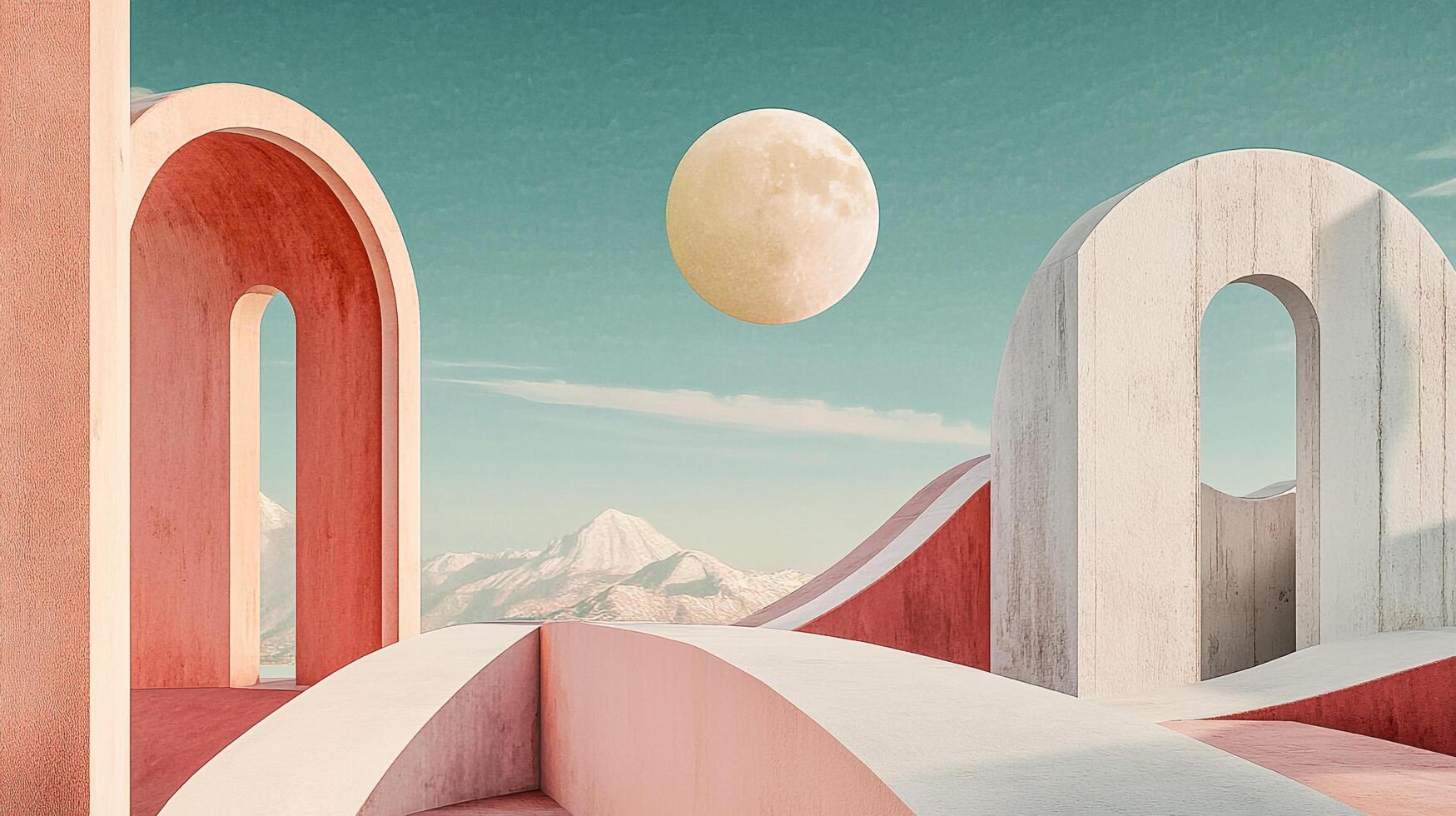 Geometric architecture meets celestial wonder under a serene sky, blending earth tones with a dreamlike ambiance. photo